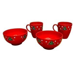 Germany Waechtersbach VTG Set 4 Red Christmas Tree 2 Mugs 14oz. & 2 Bowl 16oz